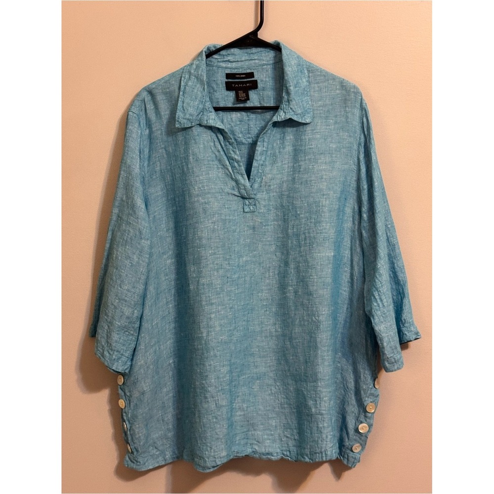 Tahari 2X 100% Linen Blue Tunic Blouse 3/4 Sleeve Side Button Plus Size